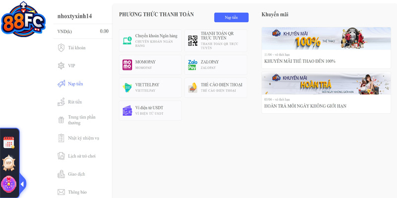 Nạp tiền 88fc hướng dẫn